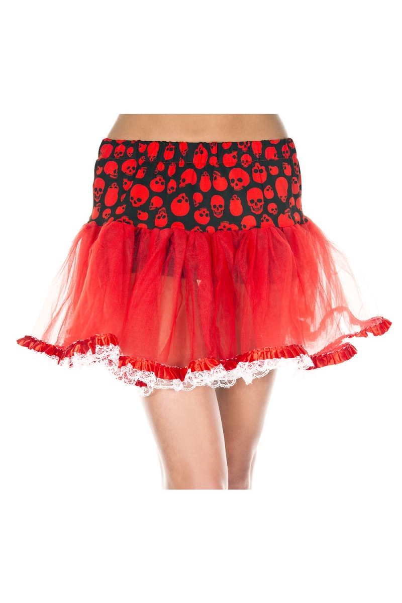 722-RED Gothic Skeleton Print Lace Trim Petticoat, Red