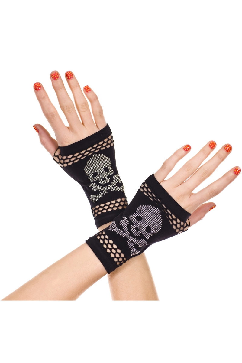 Opaque Fingerless Gloves with Crossbone Studs - Black