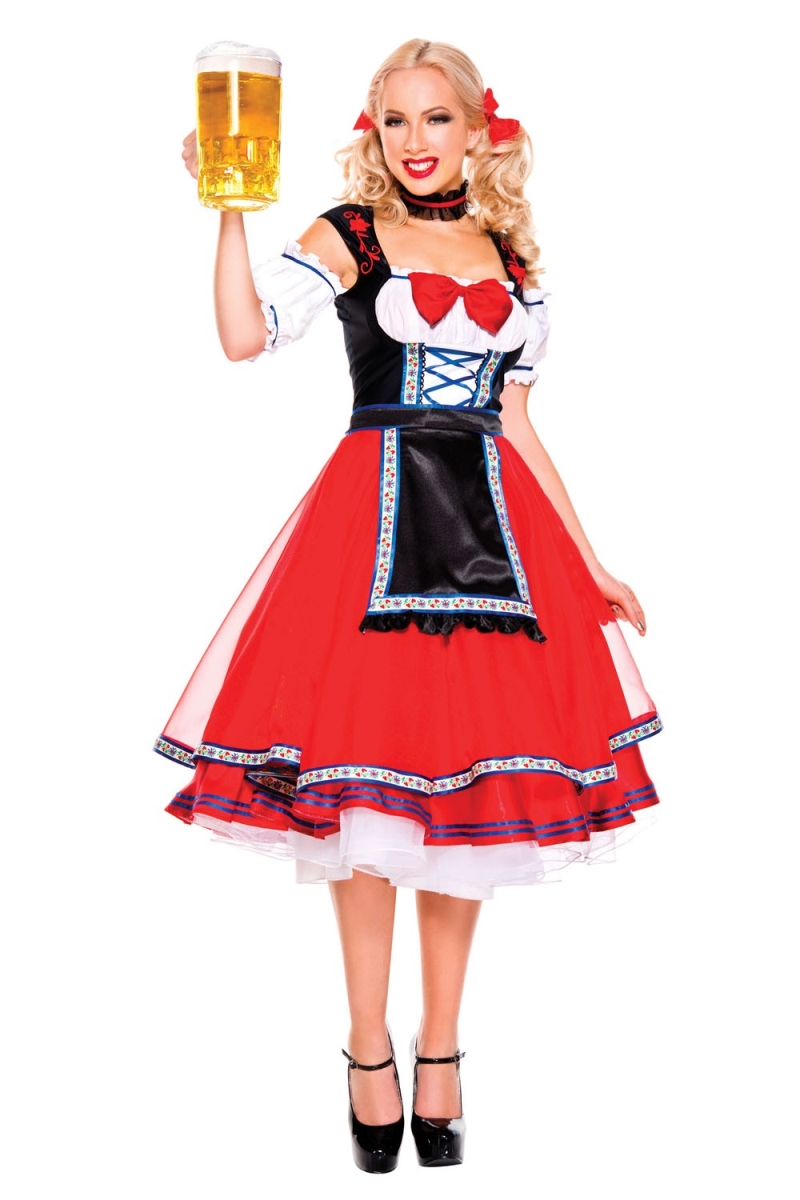70729-REDXS 3 Piece Oktoberfest Beer Girl for Long Layer Dress with Attached Puff Sleeves, Choker & Hair Clips - Red, Extra Small