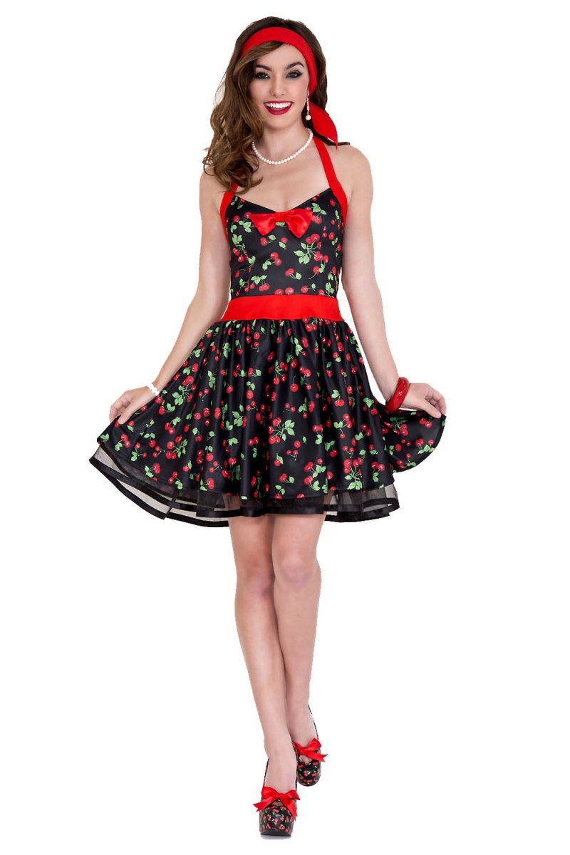 2 Piece Halter Cherry Print Pin Up Dress with Headband - Extra Small