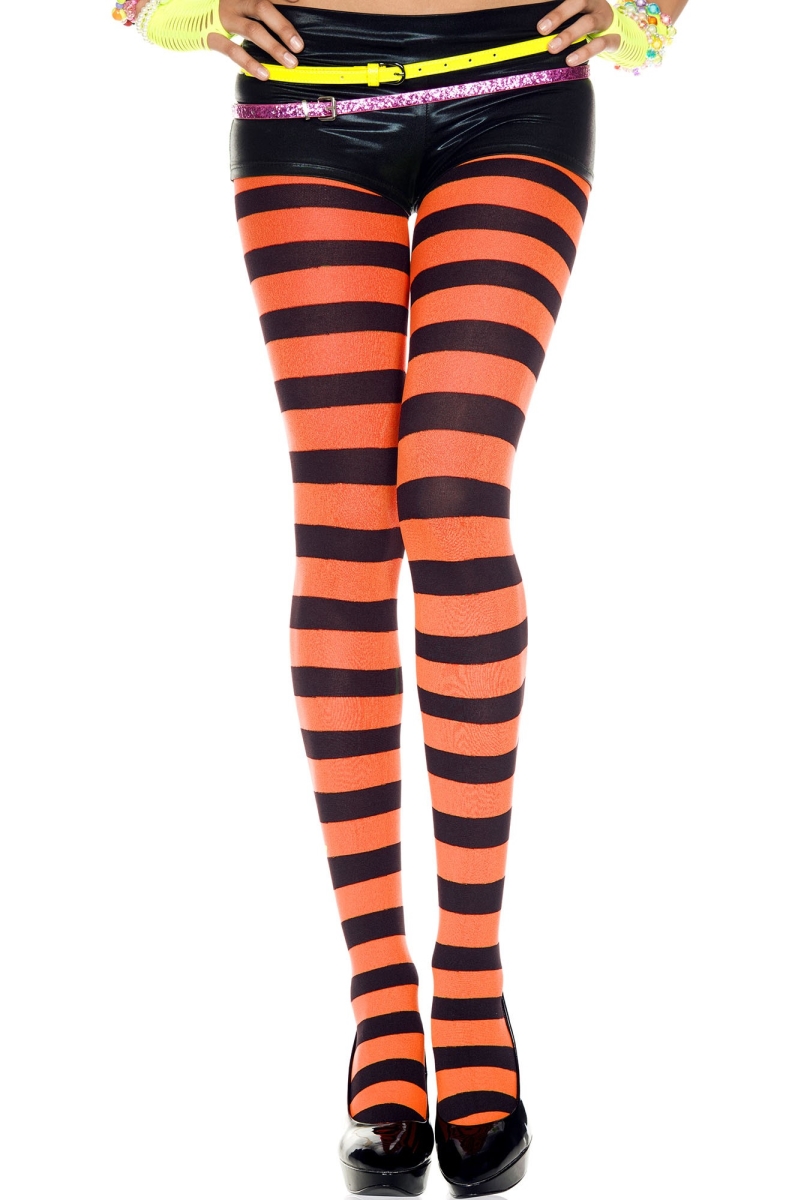 7419-BLK-ORANGE Wide Striped Tights - Black & Orange