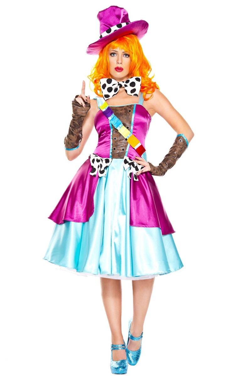 70756-ML 5 Piece Classic Hatter for Long Two Layer Dress with Polka Dot Details, Hat, Bow Tie, Belt & Gloves - Medium & Large