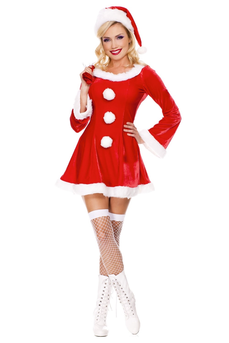 70457-ML 3 Piece Long Sleeve Marabou Trimmed Velvet Dress with Santa Sack & Hat - Medium & Large