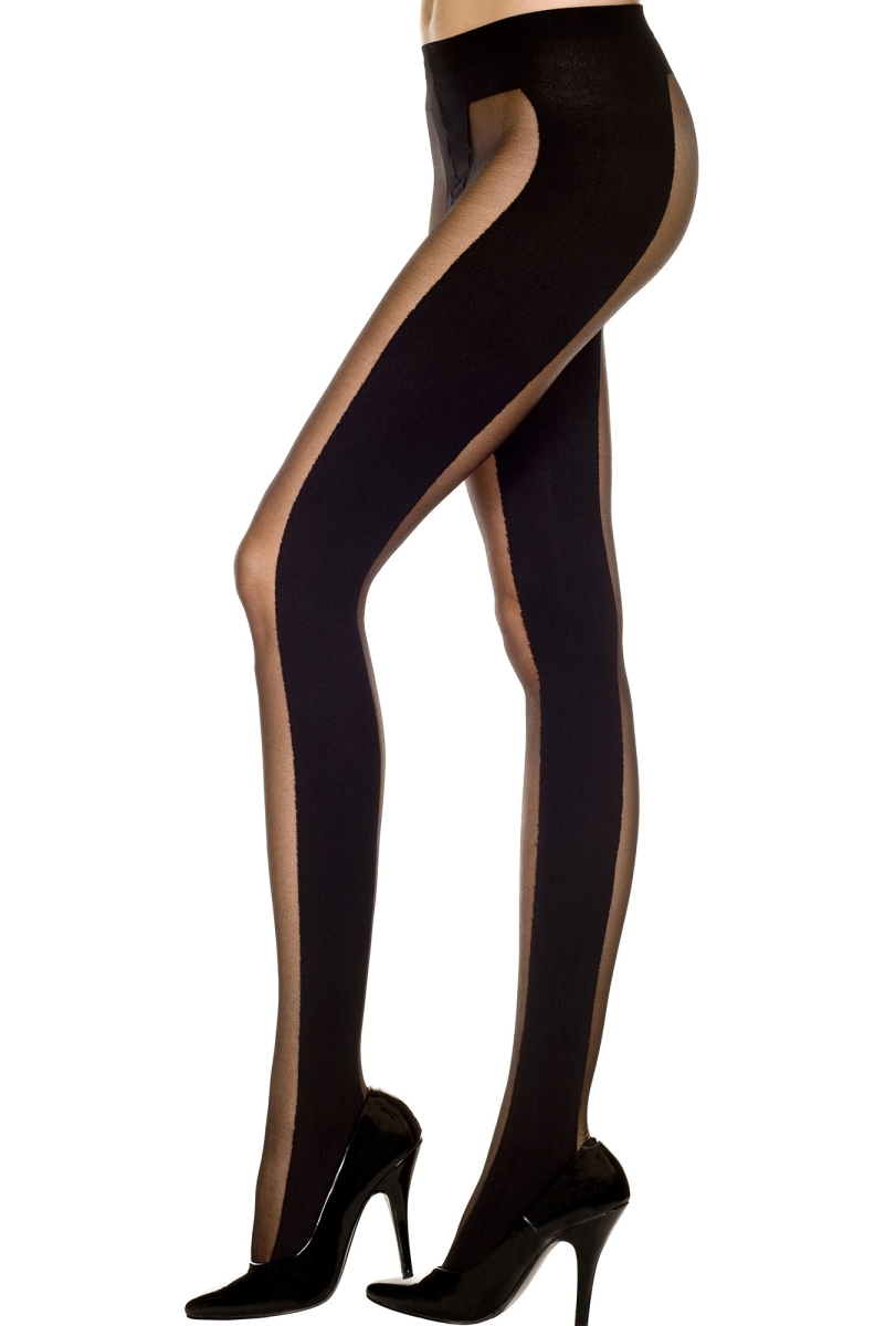 Front & Back Sheer Panels Spandex Pantyhose - Black