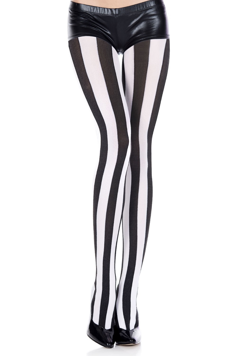 7219-BLACK-WHITE Vertical Striped Pantyhose - Black & White