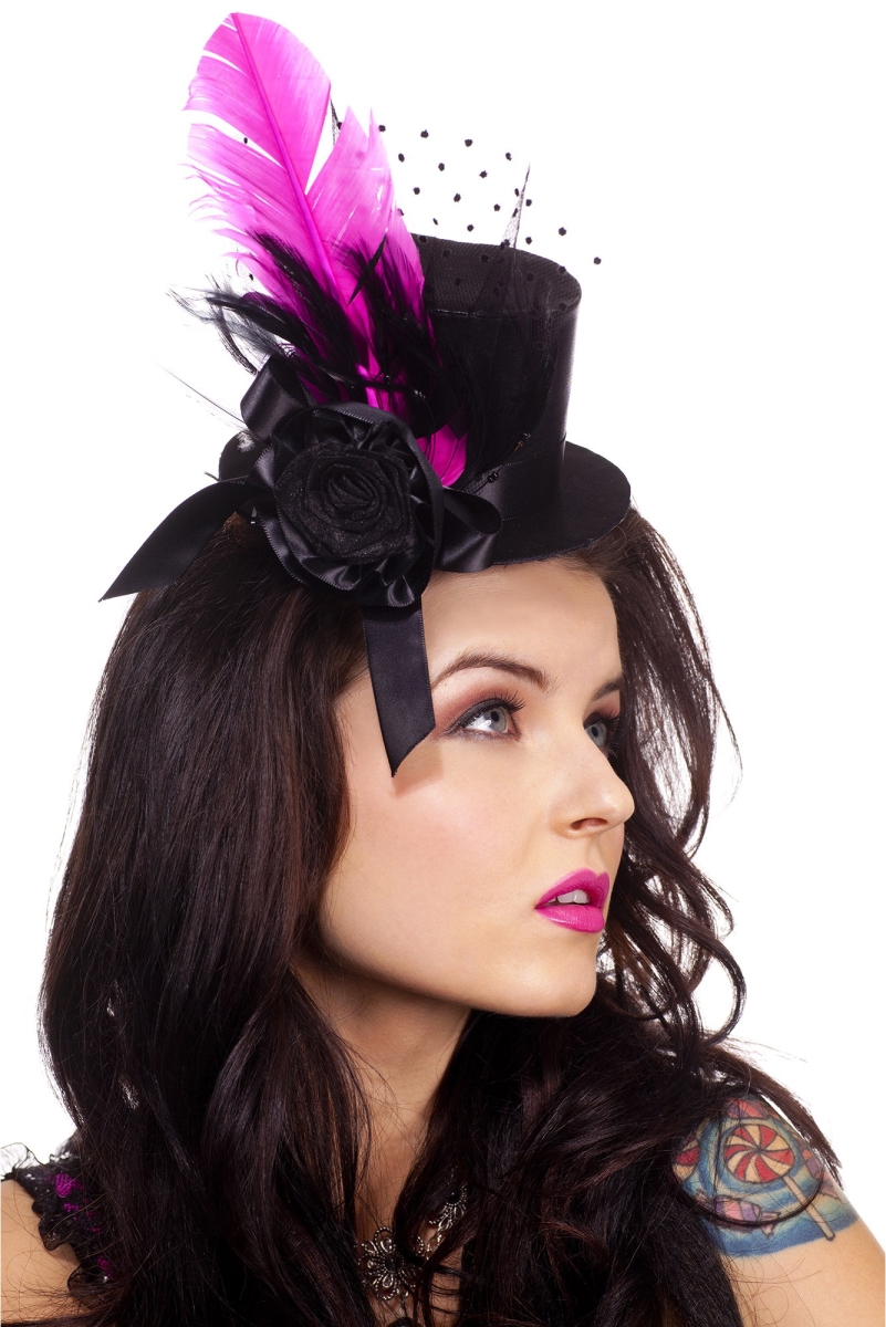 Petite Top Hat with Satin Bow, Flower, Polka-Dot Mesh & Feather Design Accessory - As Shown