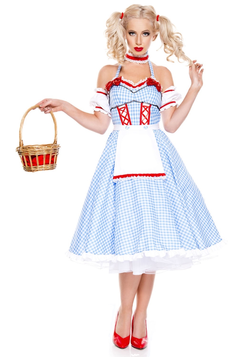 70739-XL 4 Piece Blue & White Gingham Long Print Dorothy Doll Dress with Hair Clips, Choker & Puff Sleeves - Extra Large