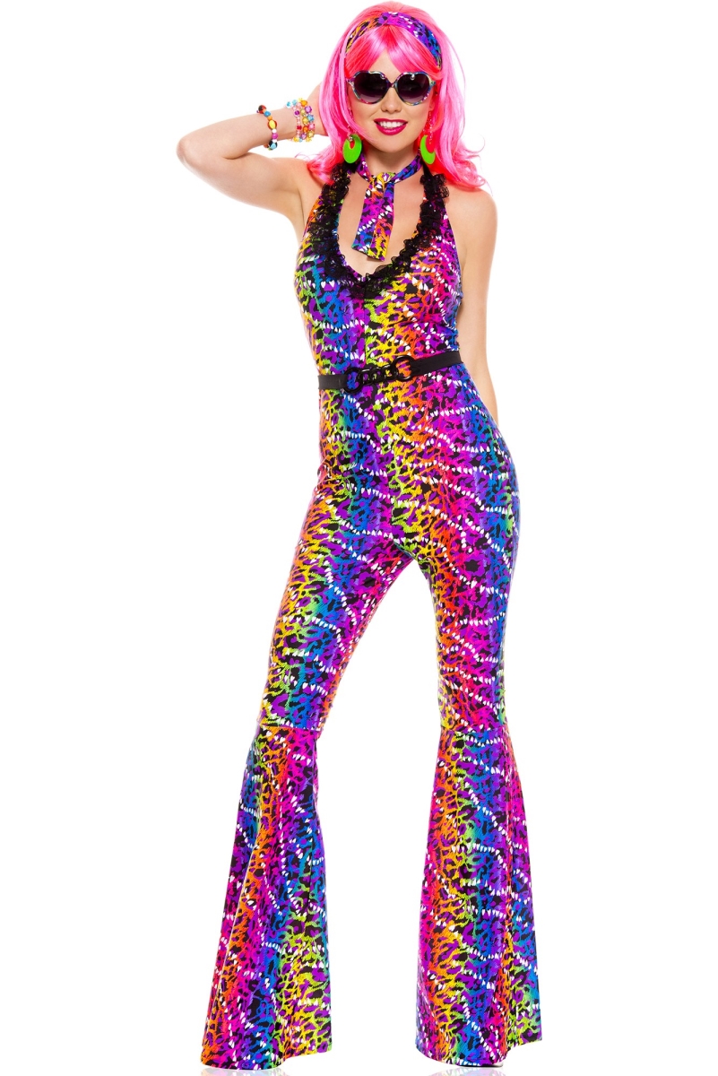 4 Piece Neon Leopard Print Bell Bottoms Jumpsuit - Extra Small