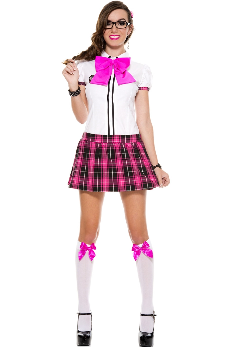 25085-ML 3 Piece Puff Sleeves Top with Plaid Skirt & Oversize Bow Tie - Medium & Large