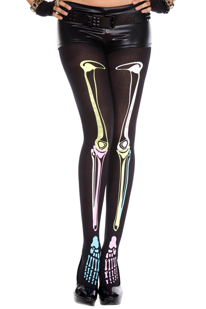 37237-BLACK-RAINBOW Multi Color Skeleton Print Tights, Black & Rainbow