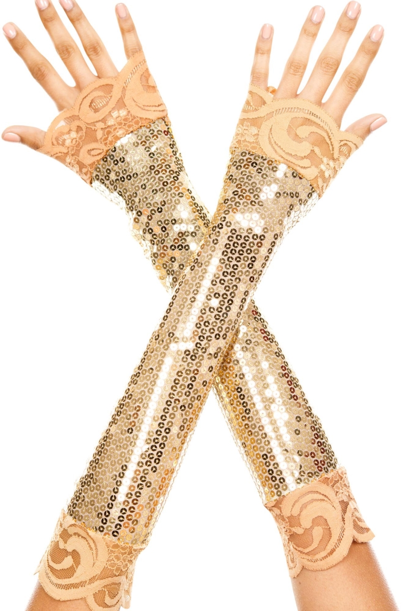 Elbow Length Sequin with Lace Trim Arm Warmer - Gold