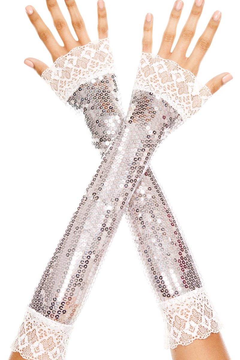 Elbow Length Sequin with Lace Trim Arm Warmer, Silver