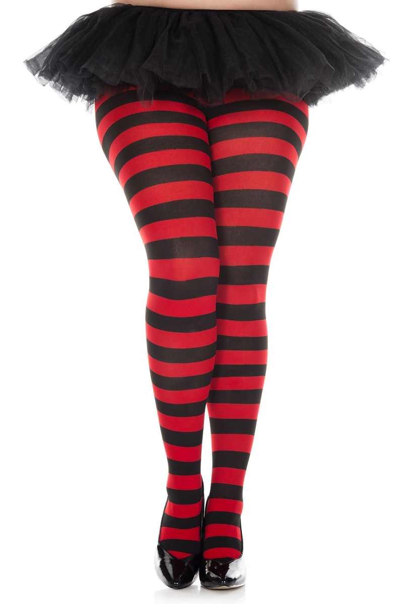 7419Q-BLACK-RED Plus Size Wide Striped Tights, Black & Red