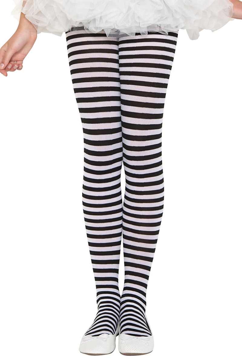 270-BLK-WHT-M Girls Striped Tights, Black & White - Medium
