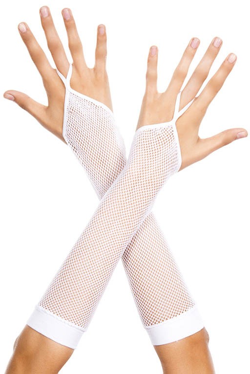 430-WHITE Finger Loop Fishnet Arm Warmer, White