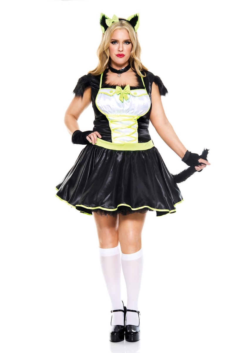 70748Q-1X2X 5 Piece Furry Cats Meow with Plus Size Lace Up Dress with Furry Trim, Cat Ears, Choker, Gloves & Tail, 1X & 2X