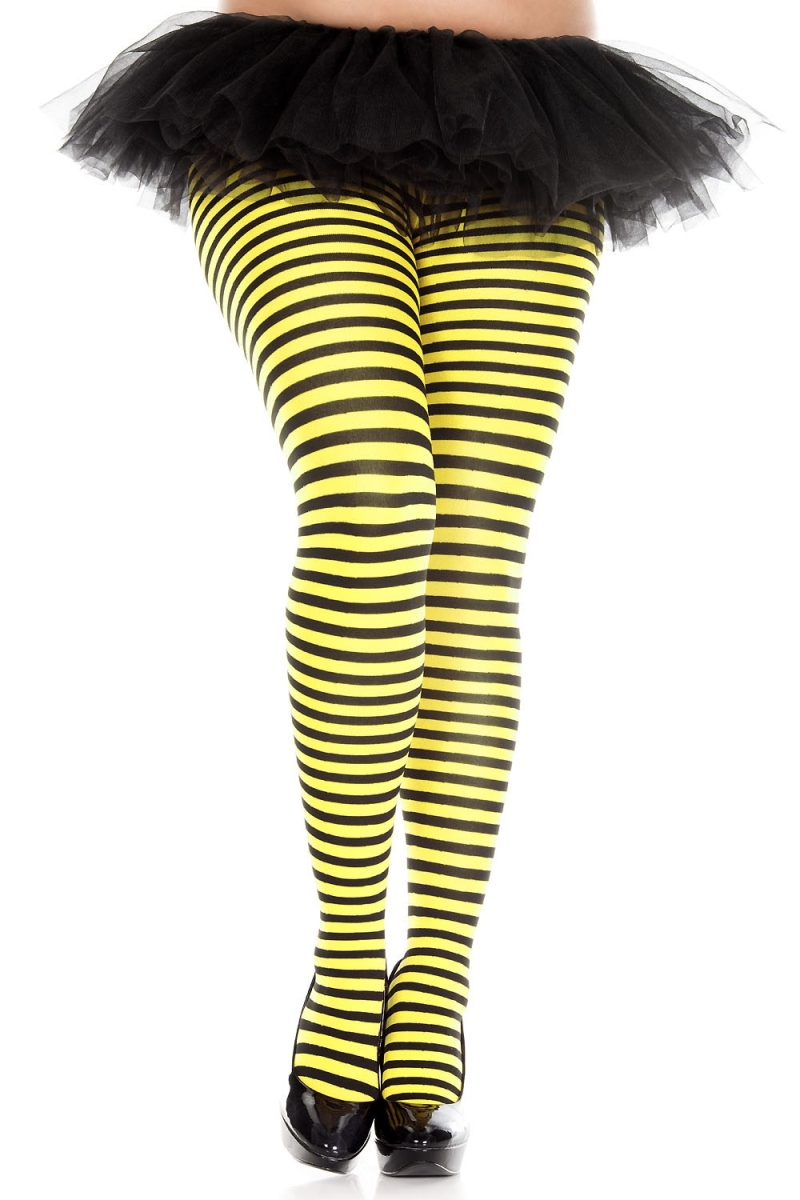 7471Q-BLK-NYELLOW Plus Size Striped Tights, Black & Neon Yellow