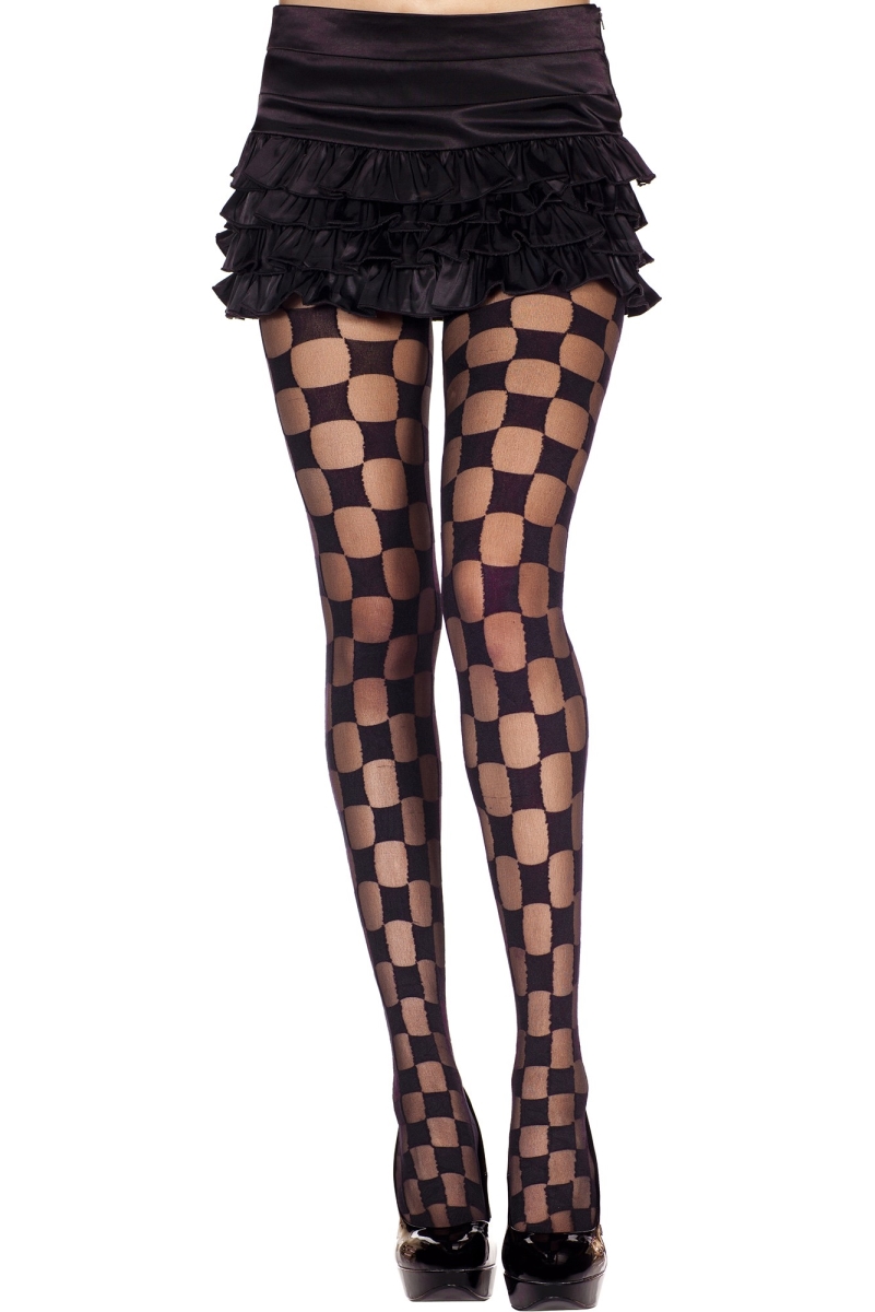 Sheer & Opaque Checkered Pantyhose, Black