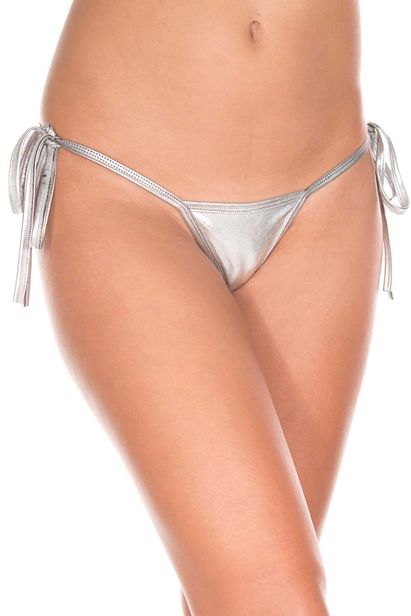 103-SILVER Metallic Tie Side G-String, Silver
