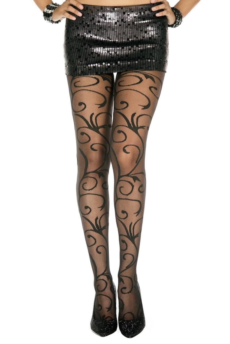 7129-BLACK Swirl Pattern Sheer Spandex Pantyhose, Black