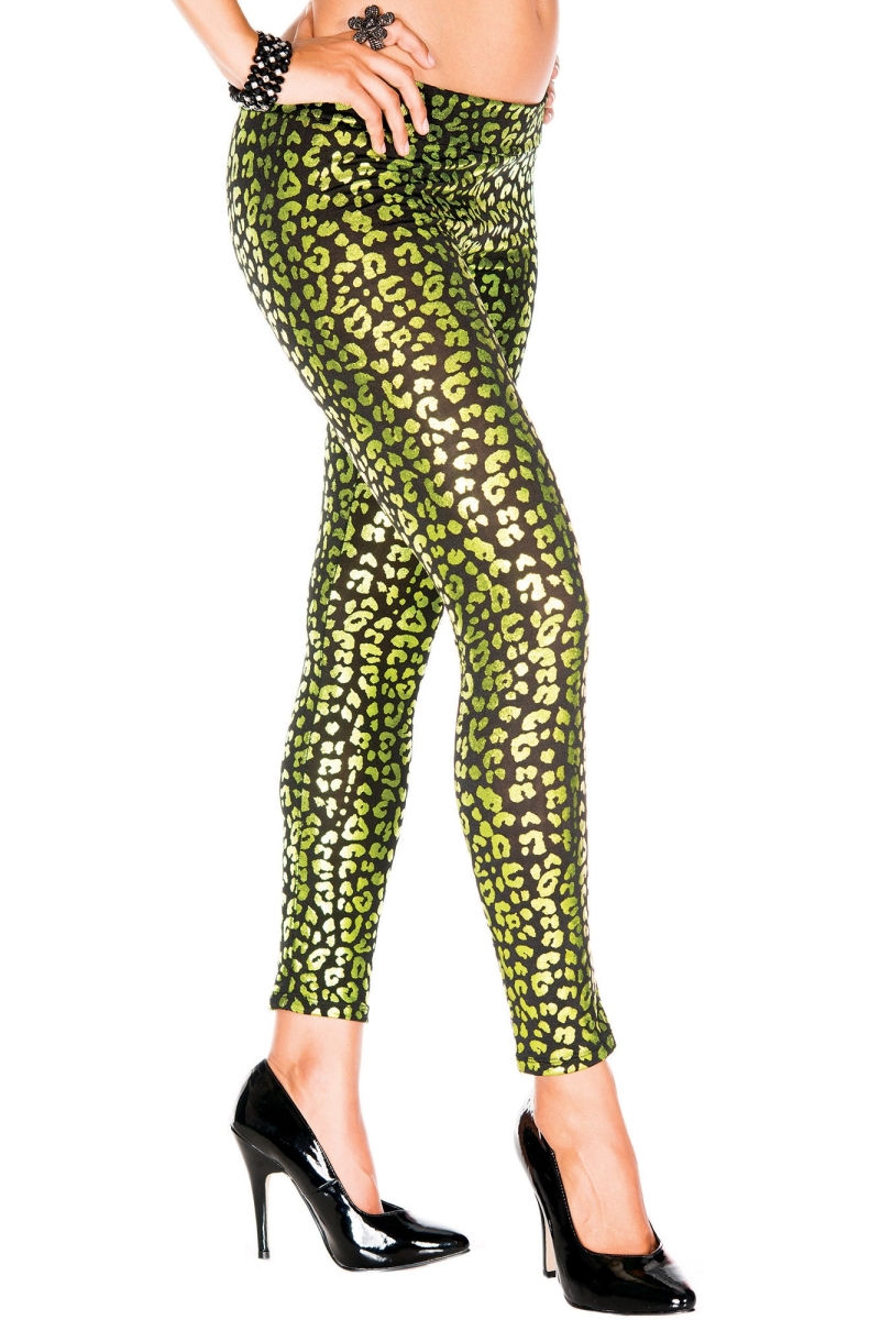 35135 Green Metallic Leopard Print Leggings - Green & Black - High-Quality Material