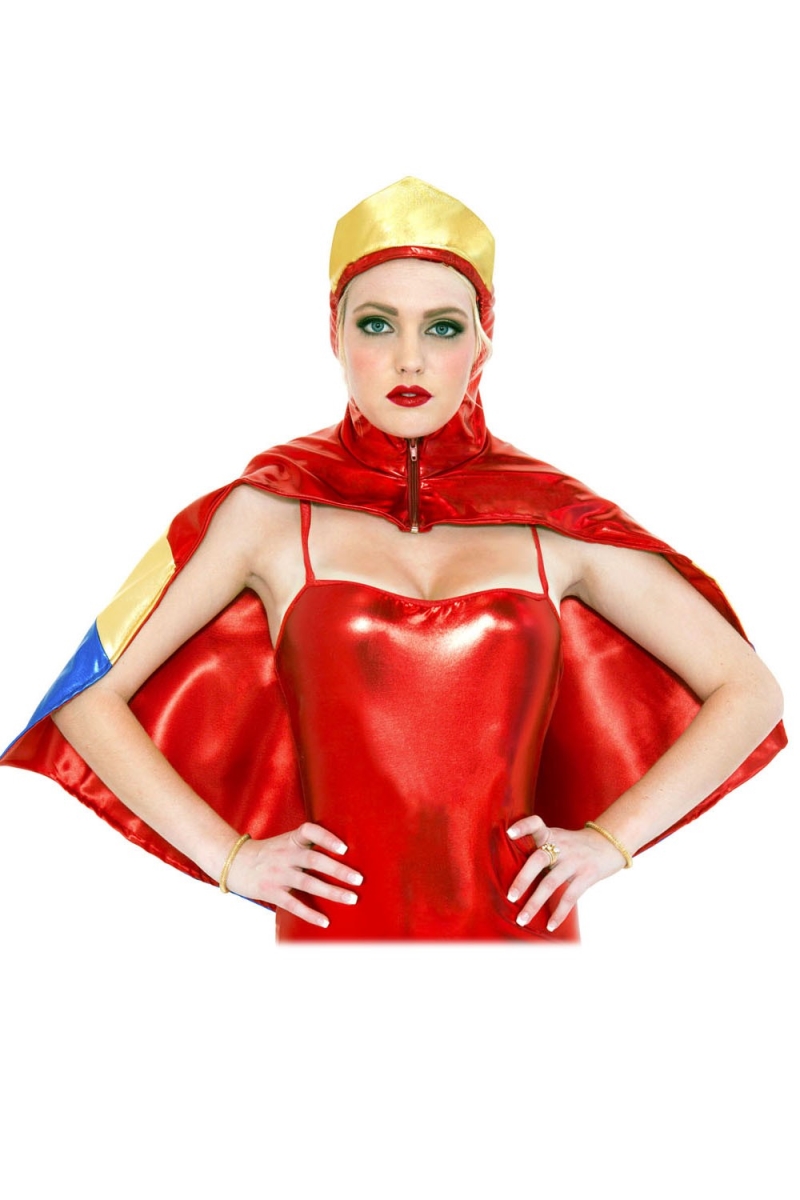 70679-RED-GOLD Metallic Zip Up Cape with Crown Cape, Red & Gold