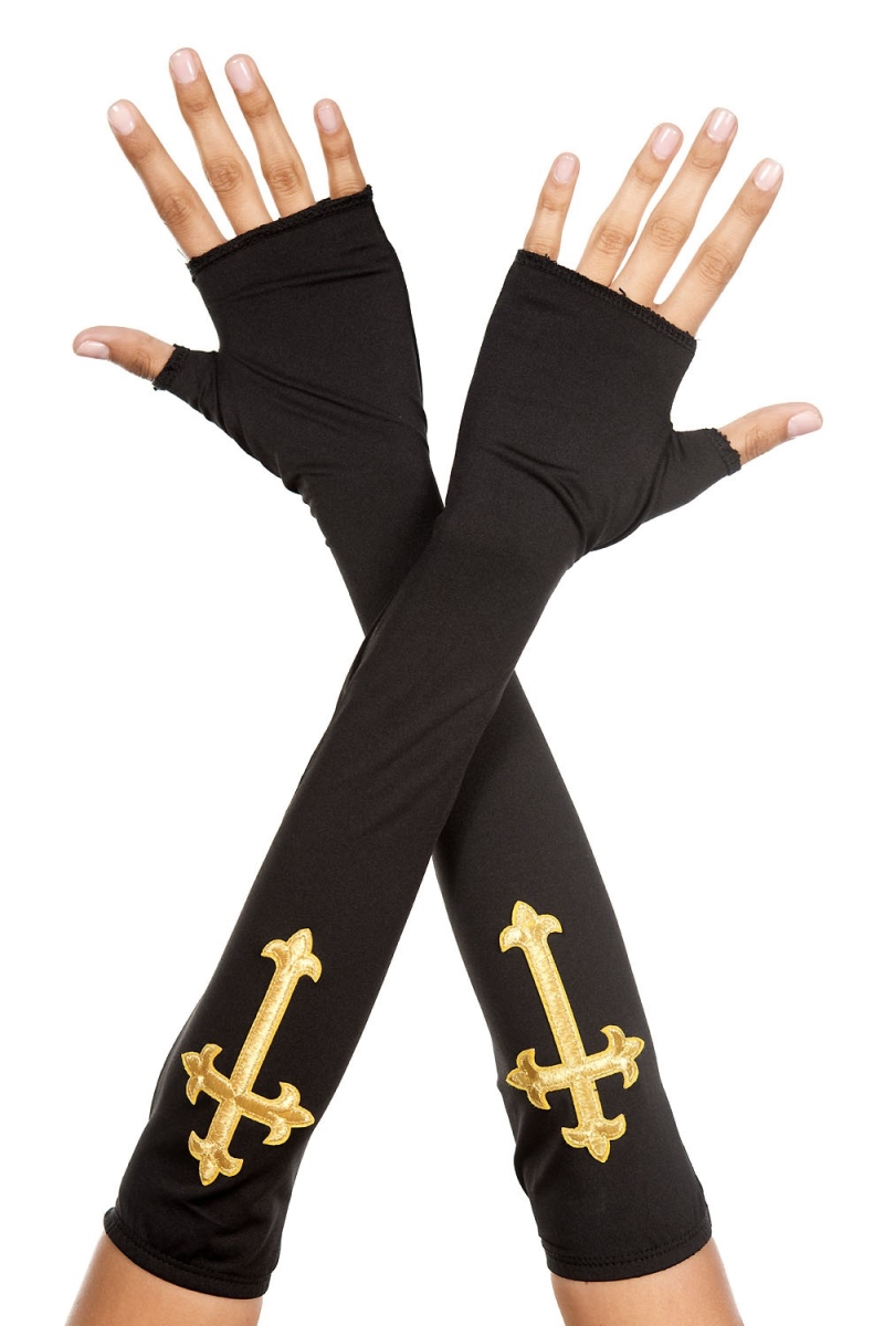 Picture of Music Legs 70686-BLACK-GOLD Gold Cross Fingerless Gloves&#44; Black & Gold