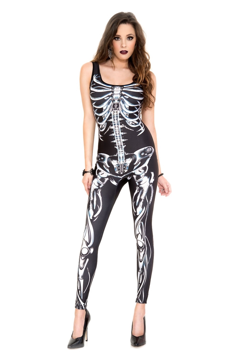70790-ML 1 Piece with Sexy 3D Leotard Skeleton Bone Print Bodysuit, Medium & Large