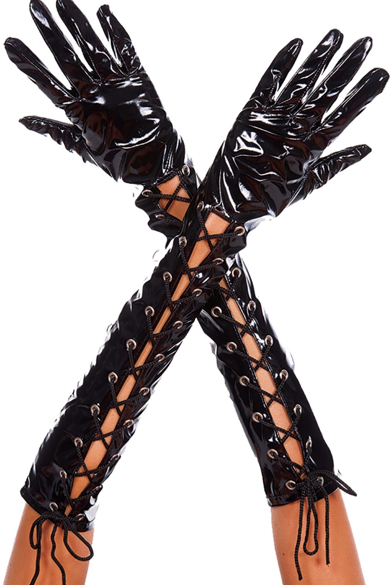 Picture of Music Legs 404-BLACKMETALLIC Wet Look Ribbon Lace Up Gloves, Black