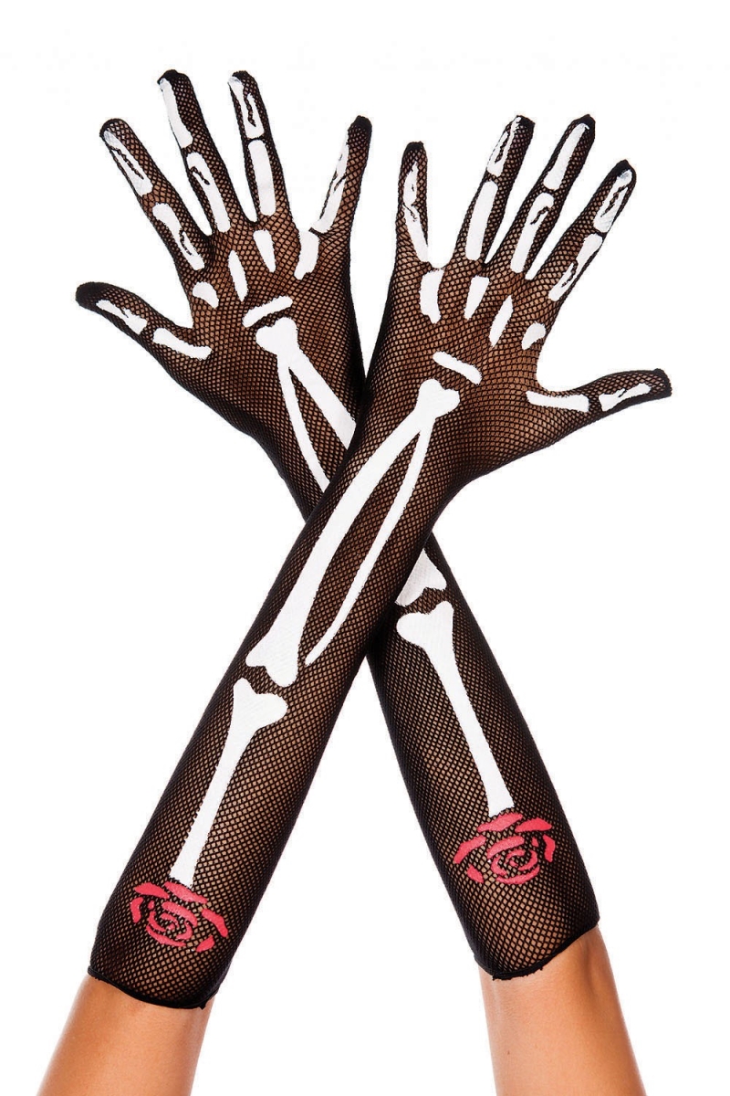 Picture of Music Legs 403-BLK-WHI-ROSE Skeleton & Rose Print Fishnet Over The Elbow Gloves, Black, White & Rose