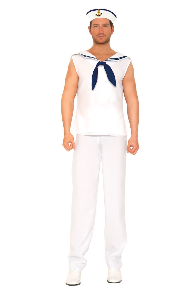 76637-WHT-NAVY-L 3 Piece White Sleeveless Shirt with Sailor Collar & Matching Pants, White & Navy - Large