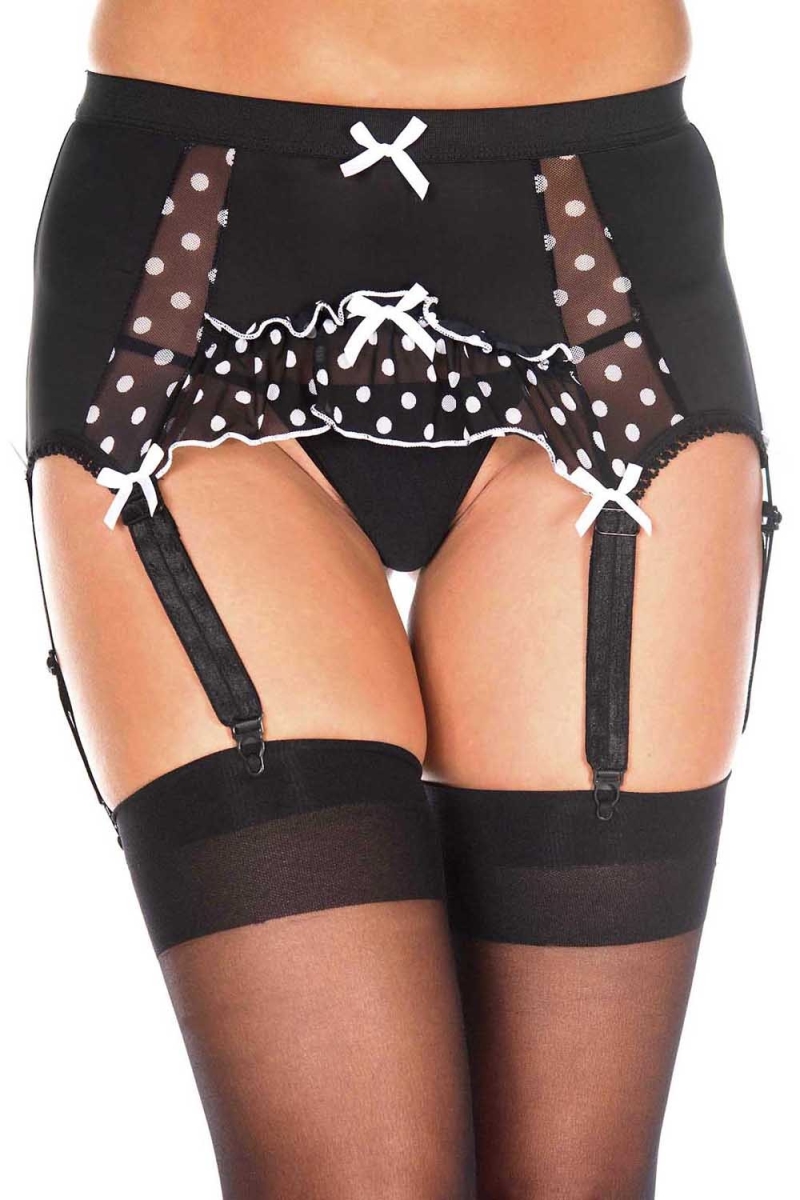 7727-BLACK-WHITE Polka Dot Mesh Garterbelt, Black & White