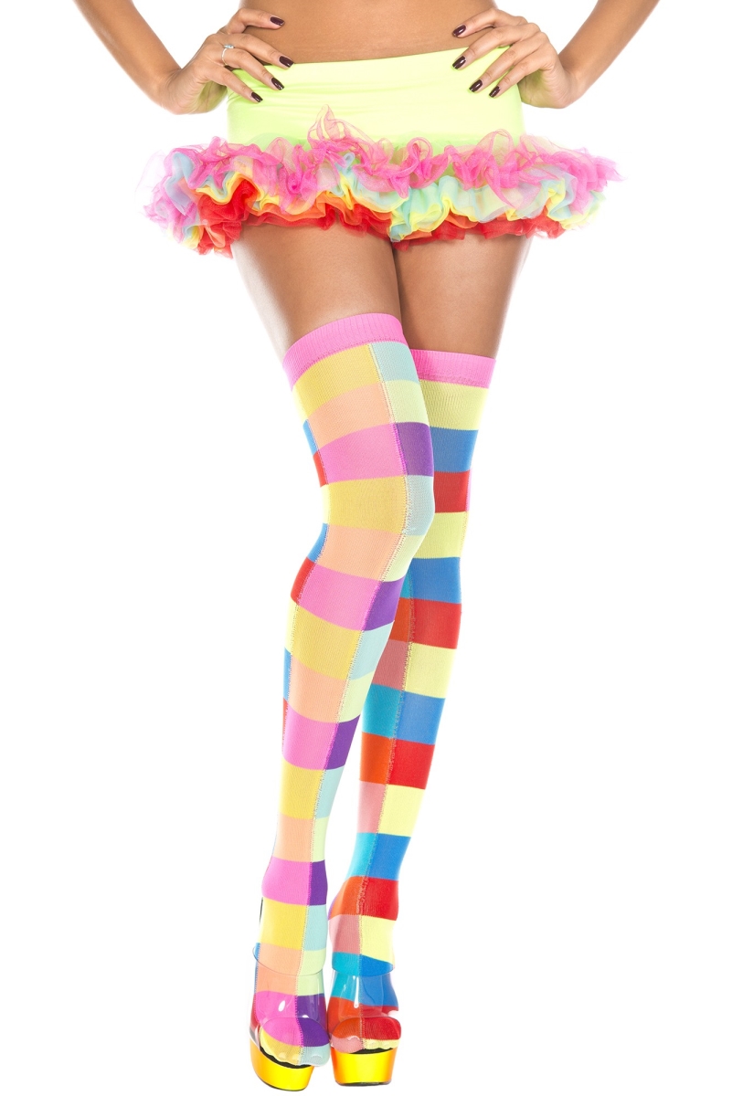 Neon Color Rectangle Checker Thigh High Stockings, Rainbow