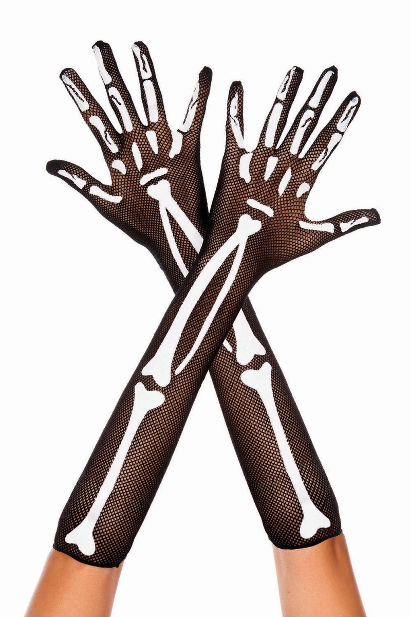 Picture of Music Legs 405-BLACK-WHITE Skeleton Fishnet Over The Elbow Gloves, Black & White