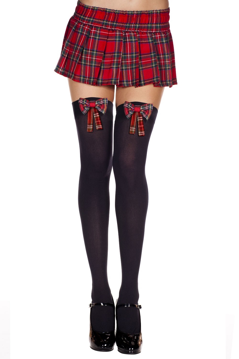 4654-BLACK-PLAID Plaid Bow Thigh High Stockings - Black & Plaid