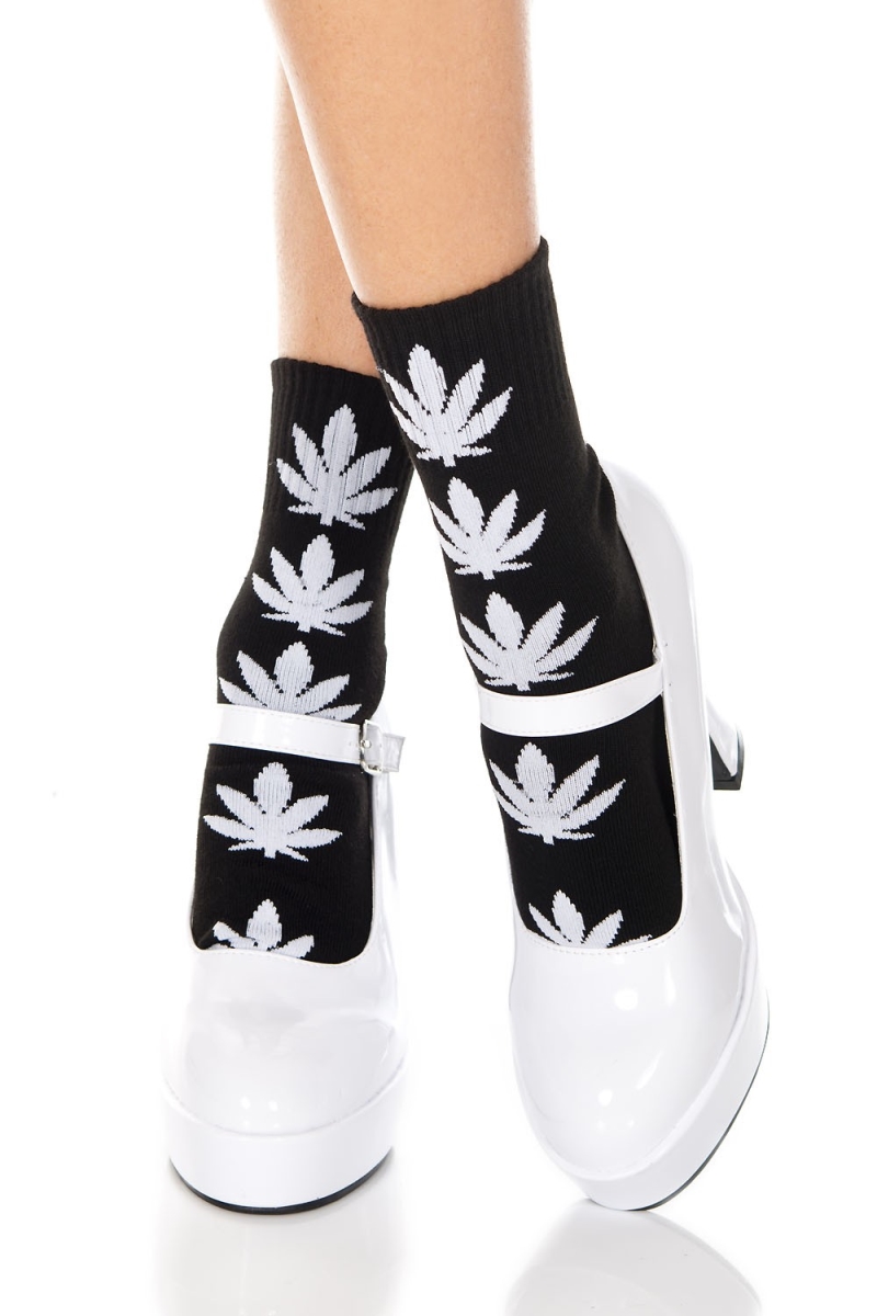 Picture of Music Legs 537-BLACK-WHITE Leaf Print Socks&#44; Black & White