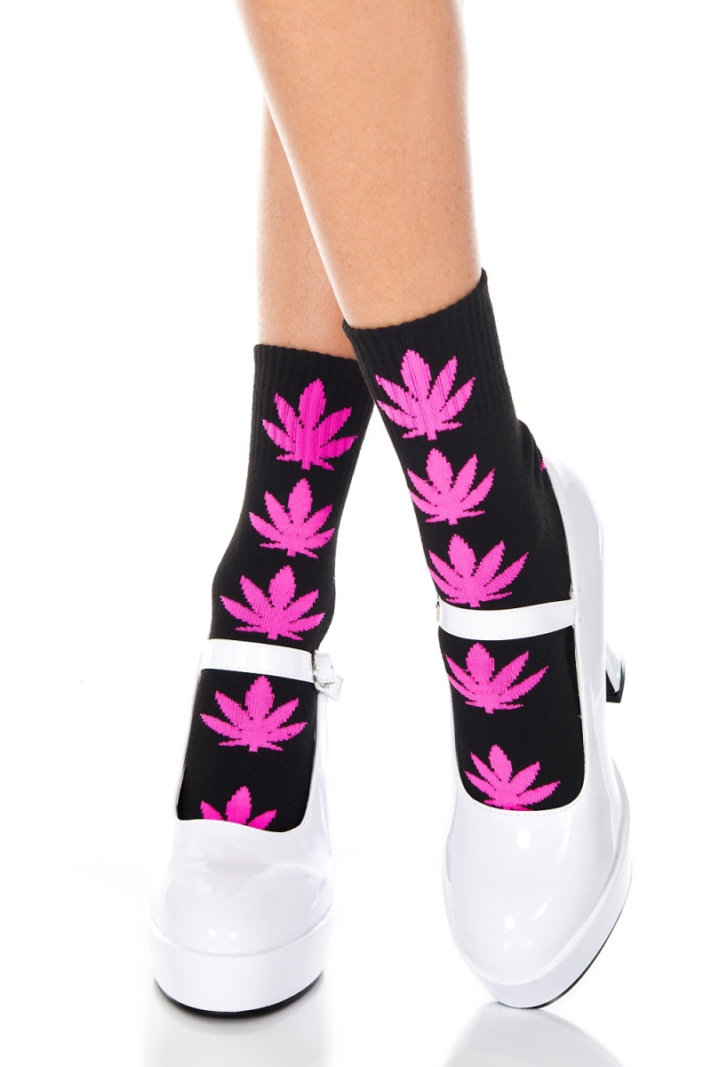 Picture of Music Legs 537-BLACK-HOTPINK Leaf Print Socks, Black & Hot Pink