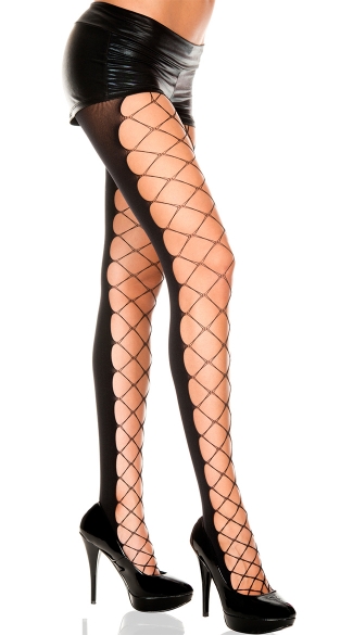 Diamond Net with Opaque Panel Spandex Pantyhose Black