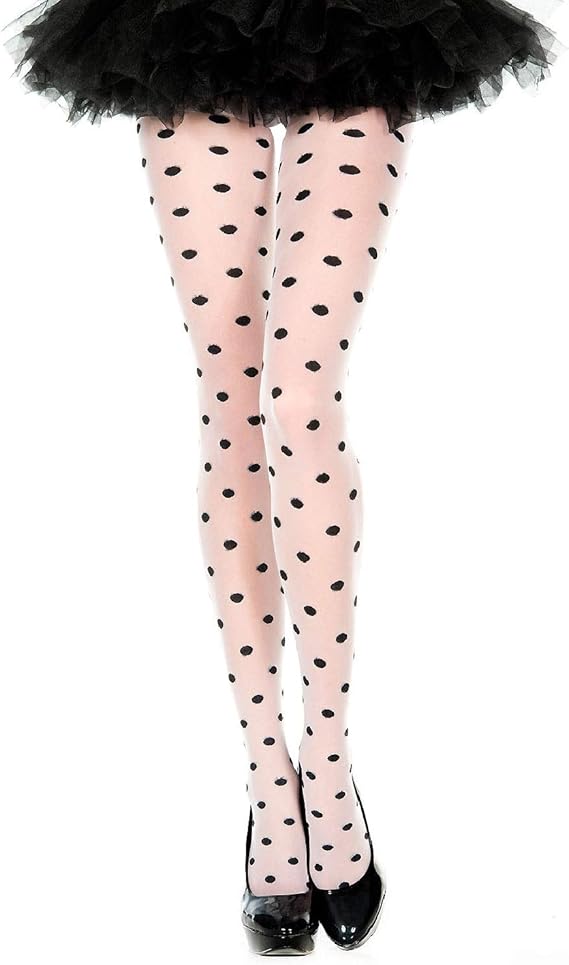 7217-WHITE-BLACK Polka Dot Print Spandex Pantyhose, White & Black