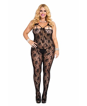 Front Bows Detail Lace Crotchless Bodystocking, Black