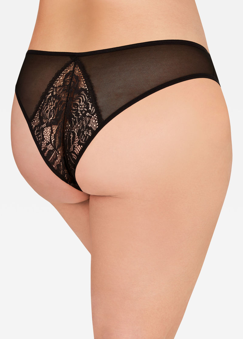 10024Q-BLACK-1X-2X 1 x 2 Plus Size Mesh Back Bow Crotchless Panty, Black