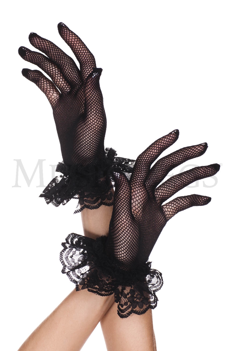460-BLACK Lace Ruffle Fishnet Gloves - Black - One Size
