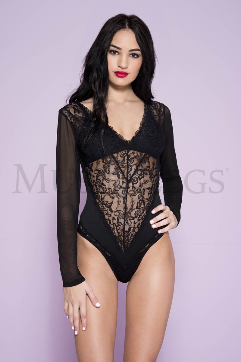 80070-BLACK Lace Teddy with Long Sheer Sleeves - Black - One Size