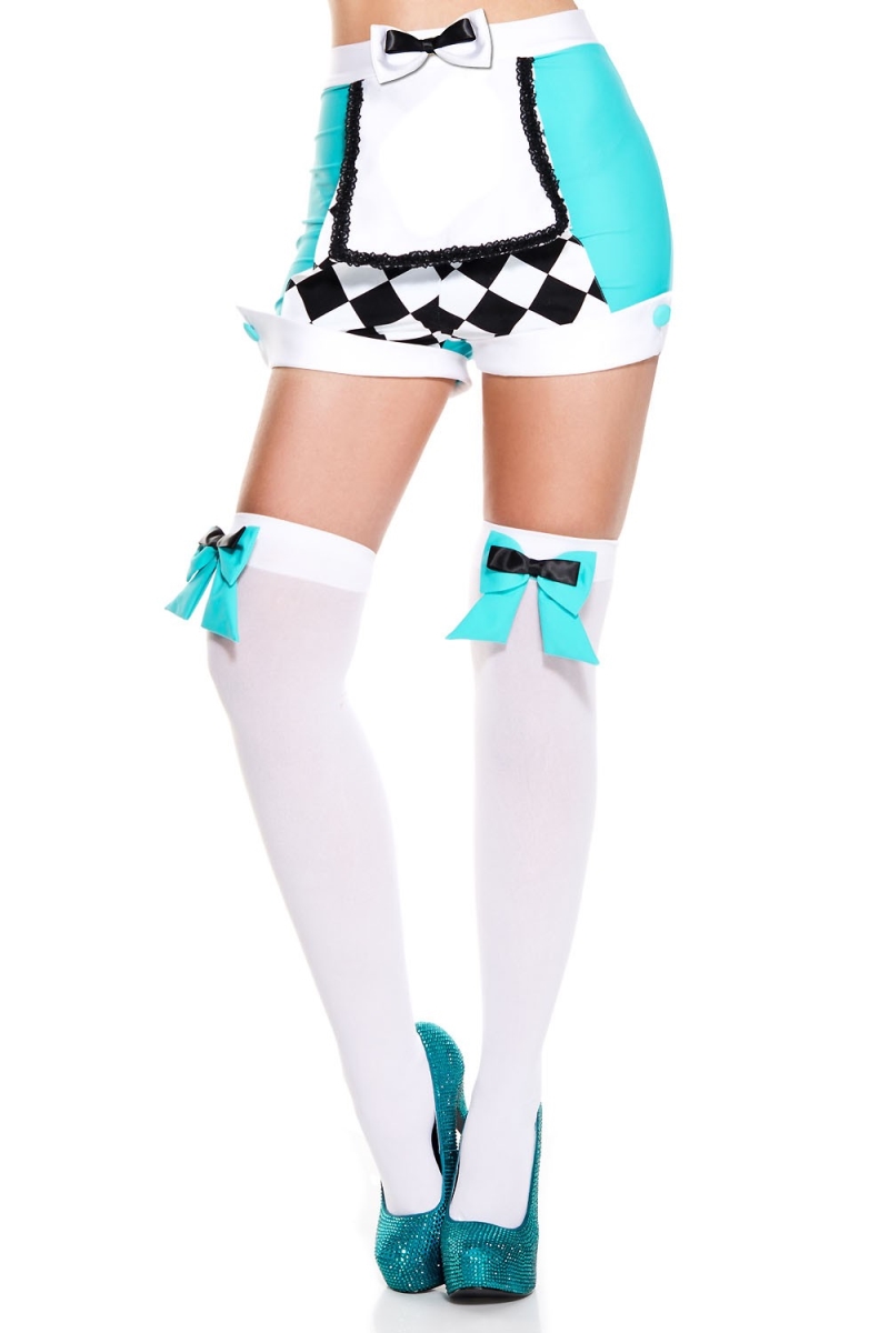 4657-WHITE-TUR Double Bow Thigh High Stockings, White & Turquoise