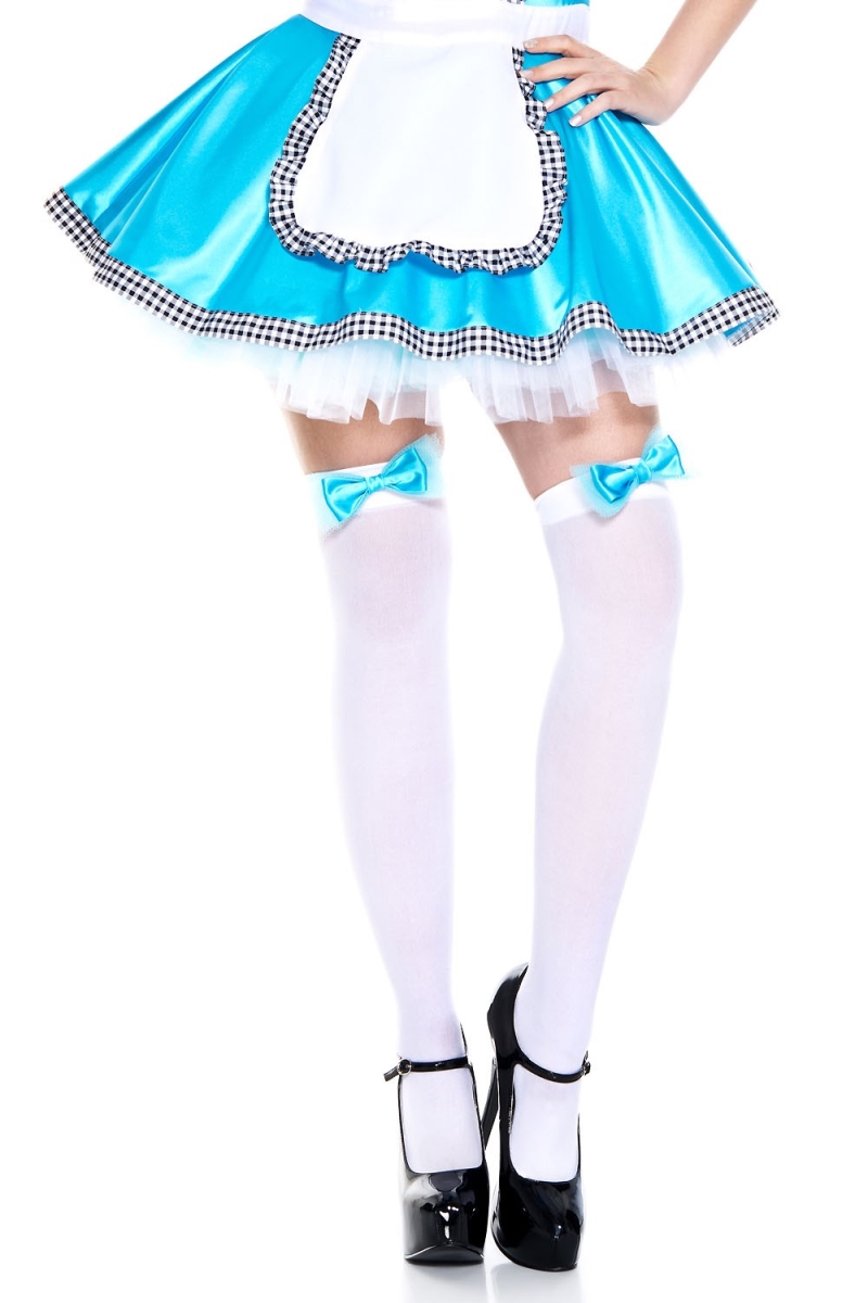 4667-WHITE-TURQUOISE Satin Bow with Mesh Thigh High Stockings, White & Turquoise