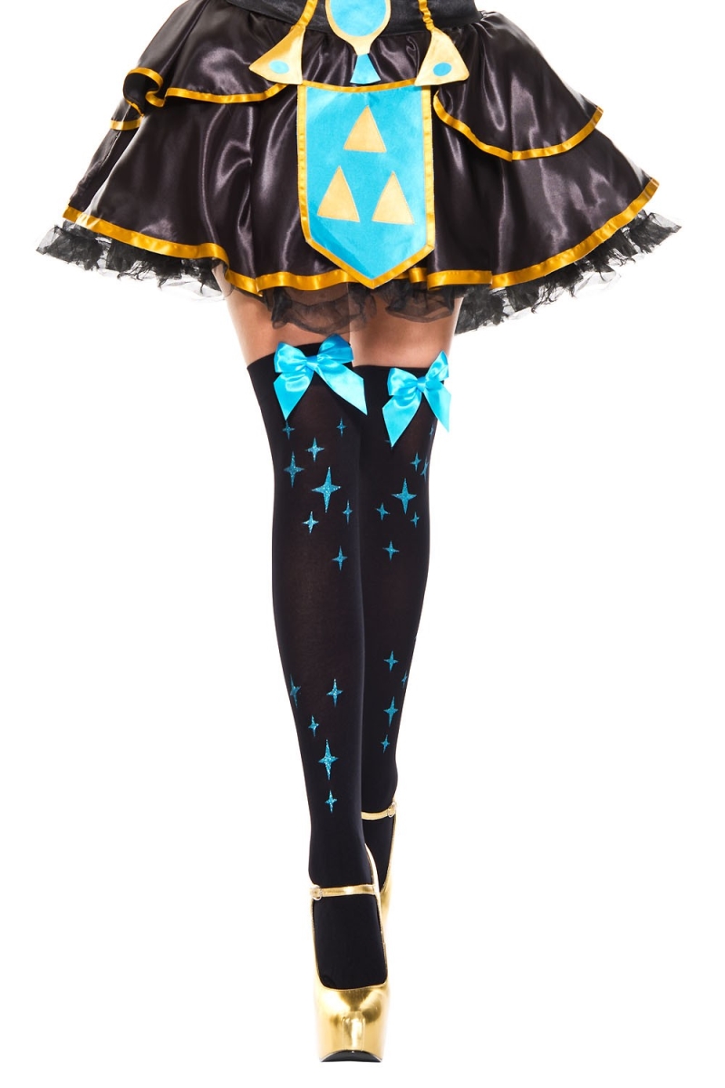 4664-BLACK-TUR Star Print with Satin Bow Thigh High Stockings, Black & Turquoise