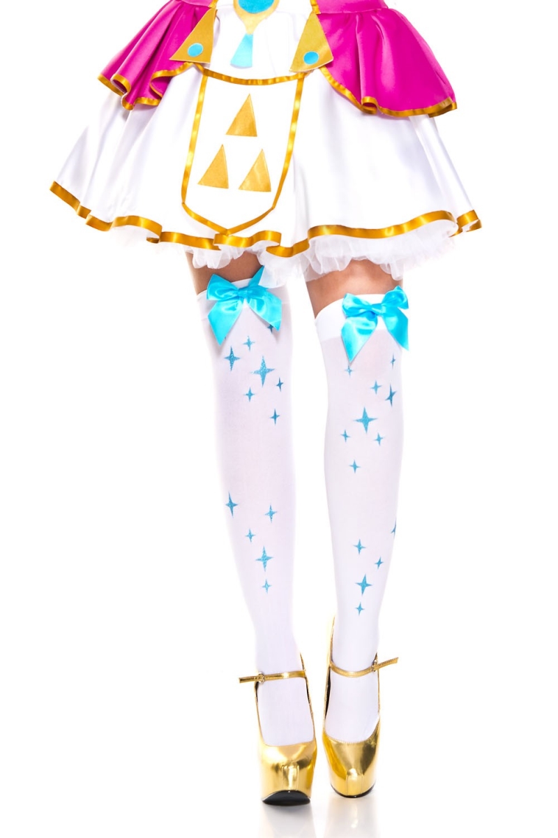4664-WHITE-TUR Star Print Thigh High Stockings - White & Turquoise - Unique Design