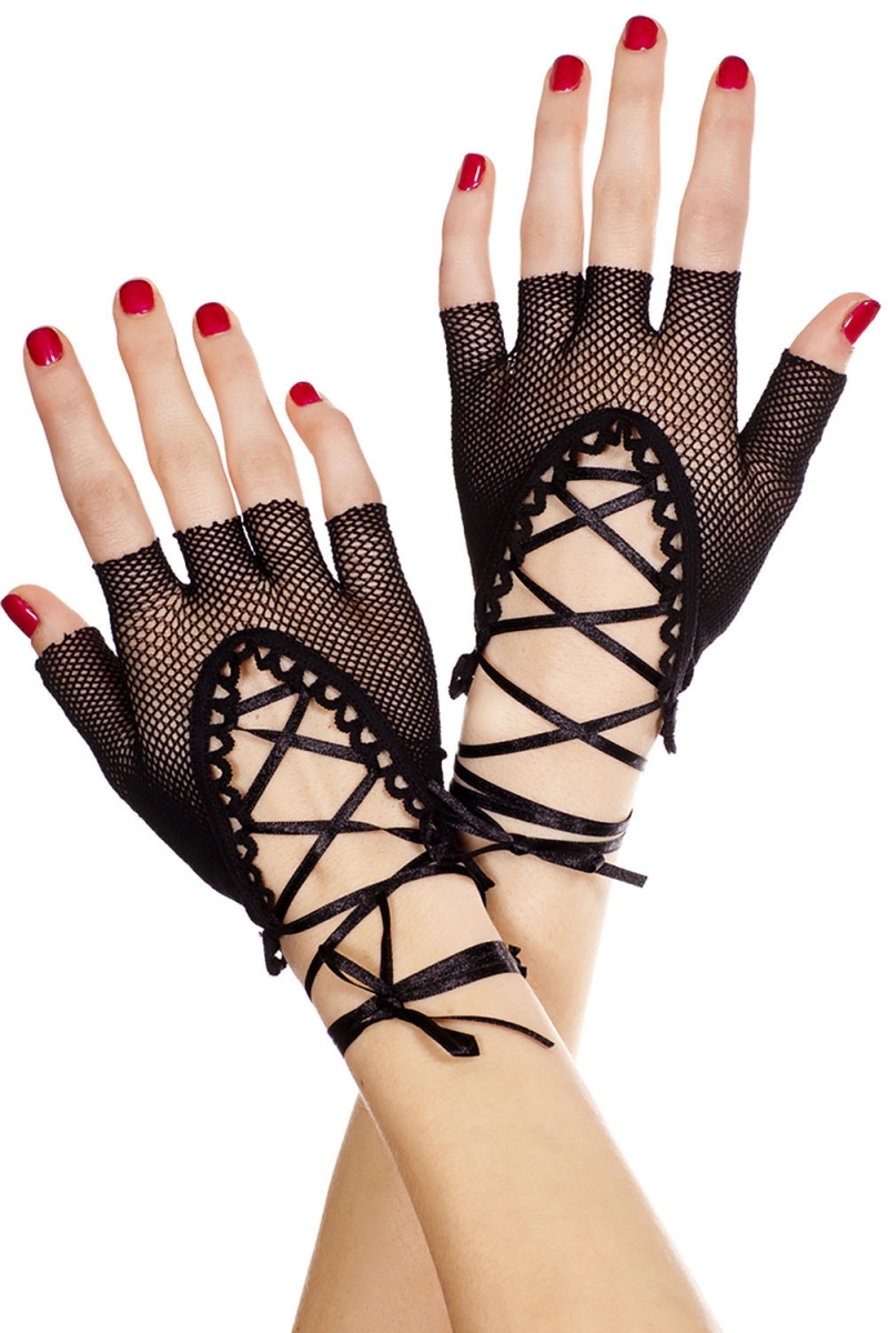 Picture of Music Legs 413-BLACK Lace Up Wrist Length Fishnet Fingerless Gloves - Black - One Size