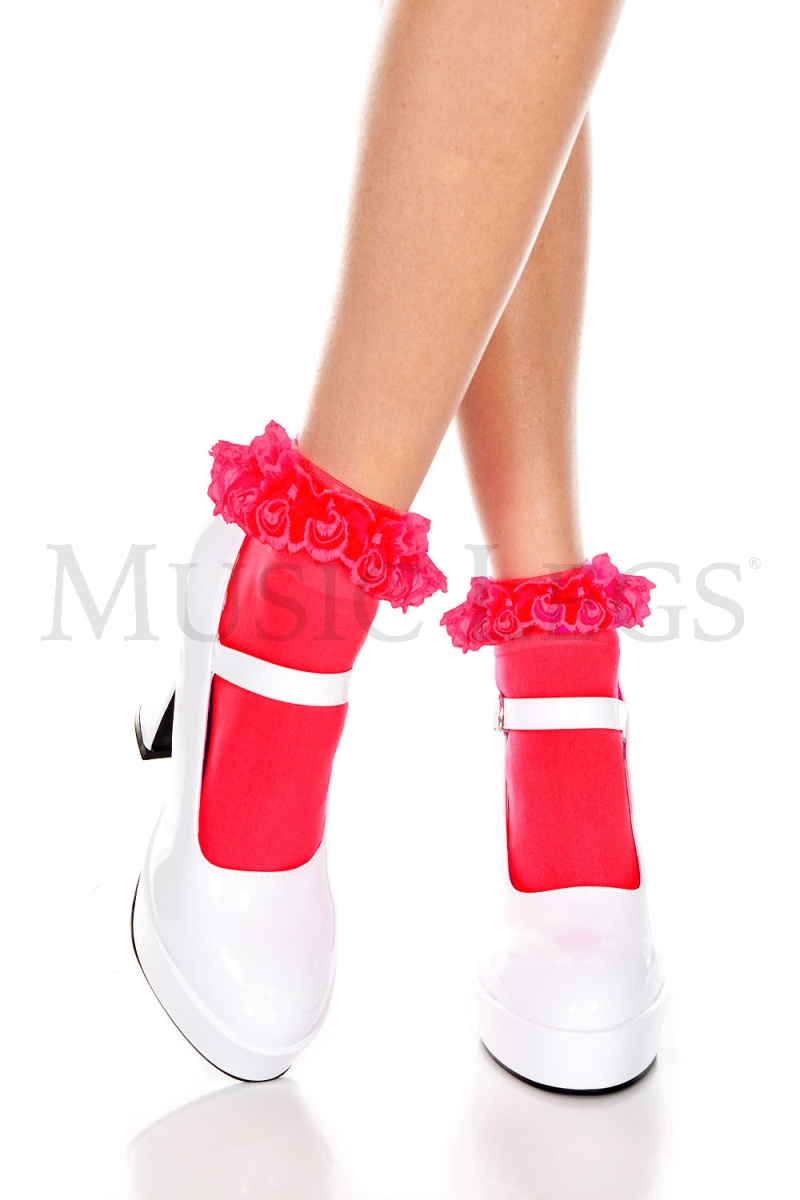 Picture of Music Legs 527-RED Lace Ruffle Opaque Anklet Socks - Red