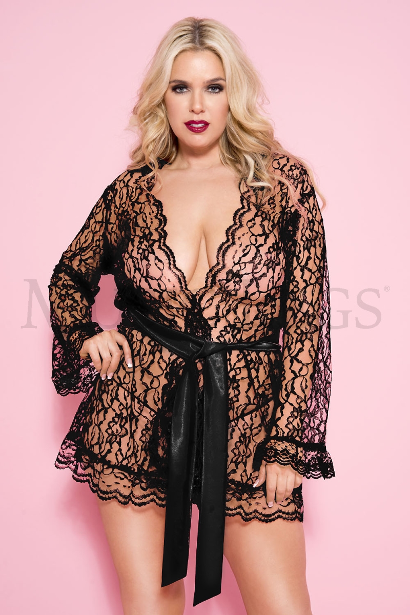 Picture of Music Legs 60082Q-BLACK Floral Lace Robe Dress with Scallope&#44; Black - Plus Size